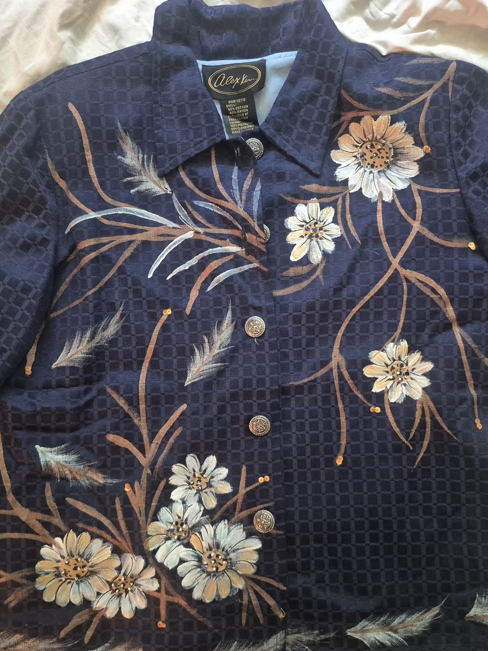 Vintage Alex Kim Navy Floral Embellished Wearable Art Jacket